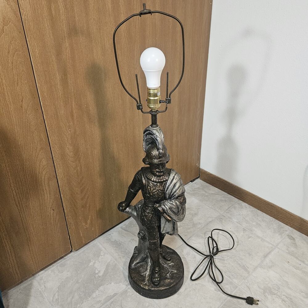 Vintage Spelter Roman Soldier Knight Figural Table Lamp Gold Silver Finish 34"
